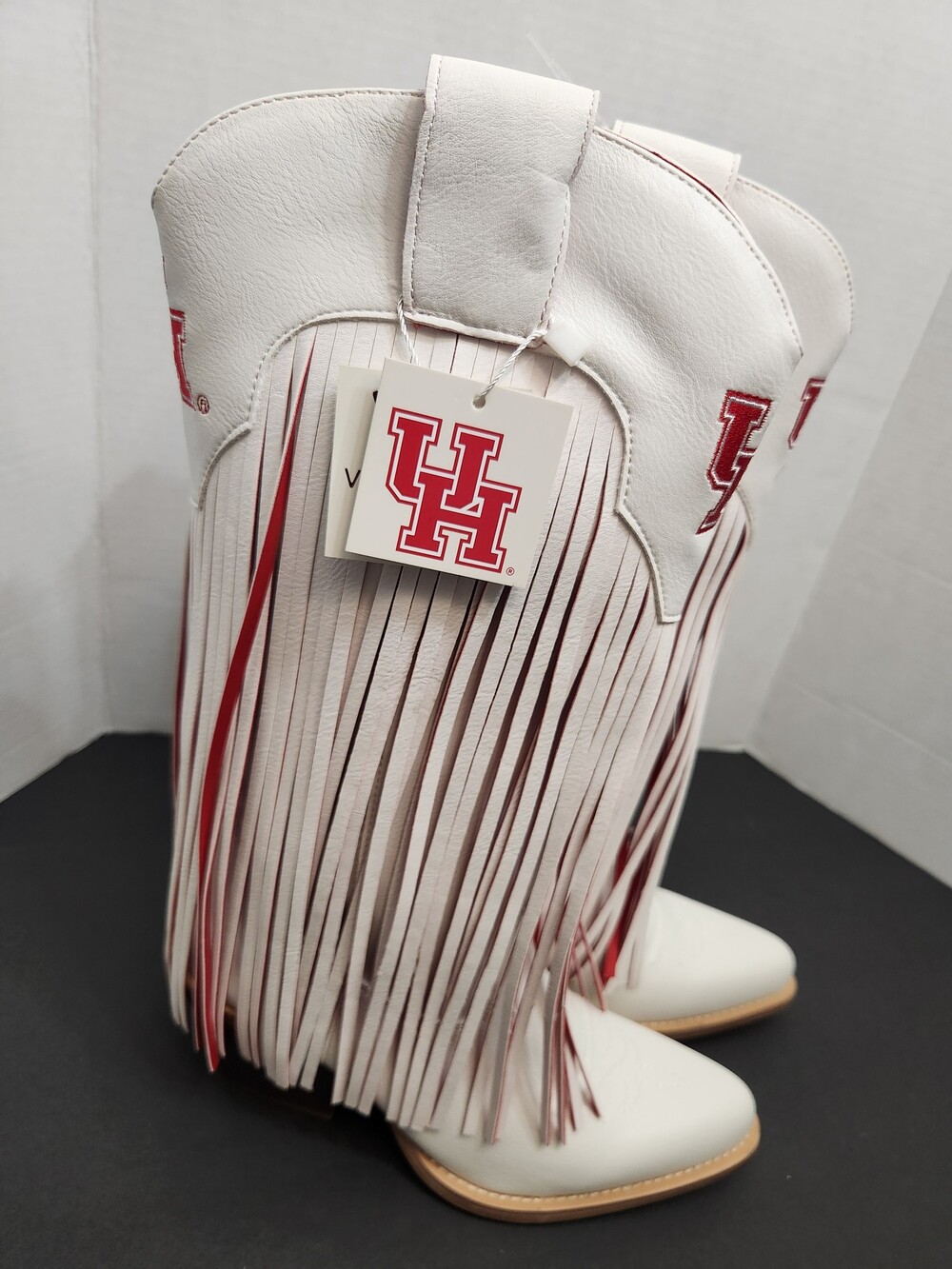 University of Houston Women’s Size 9 White Leather Cowboy Boots with Fringe NWOB